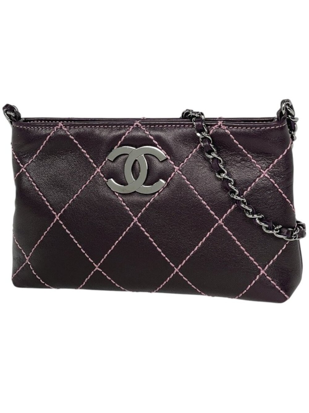 Chanel Pouch Wild Stitch CC Logo Leather Purple